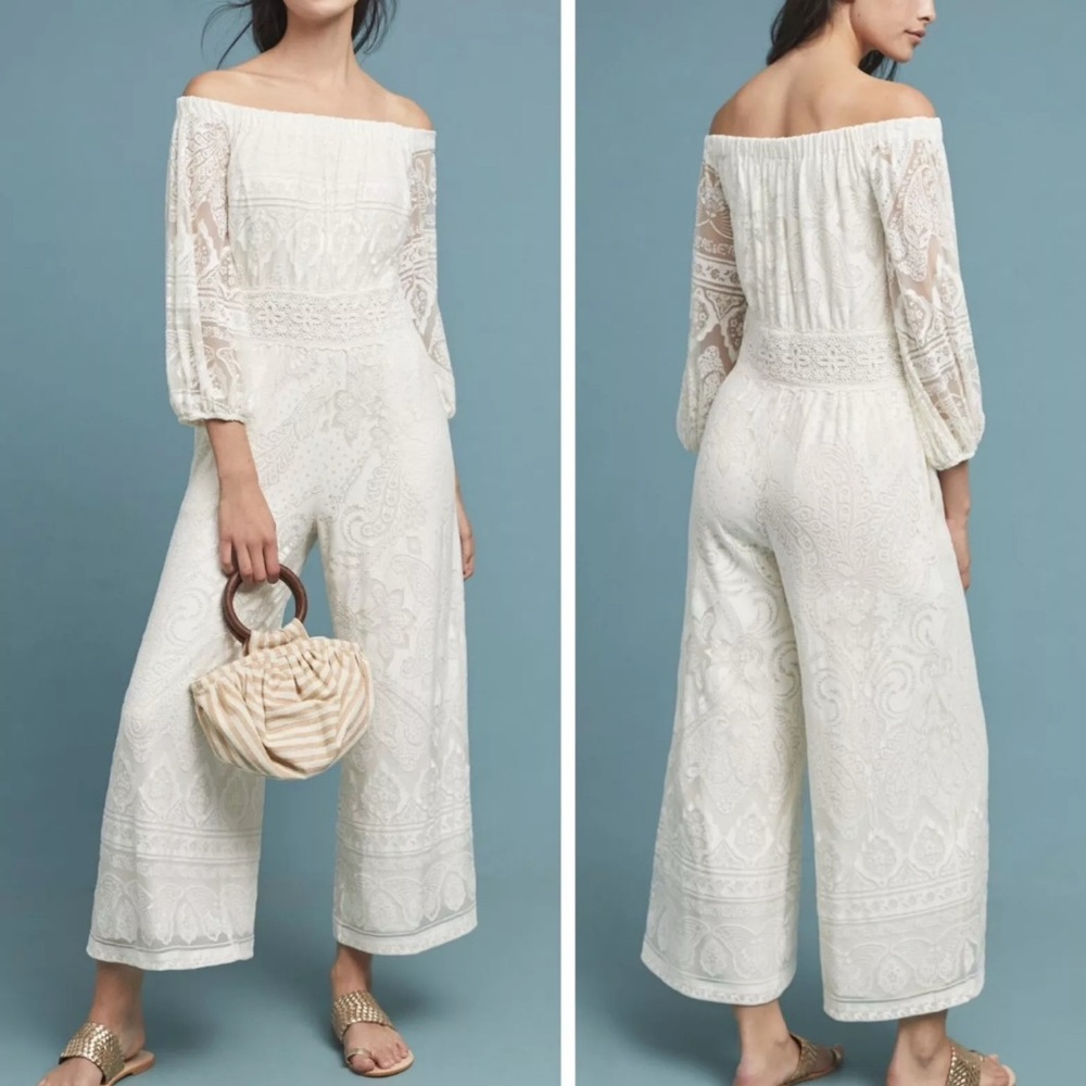 Anthropologie x Farm Rio Elliot Off-The- Shoulder Lace Jumpsuits, Size XS